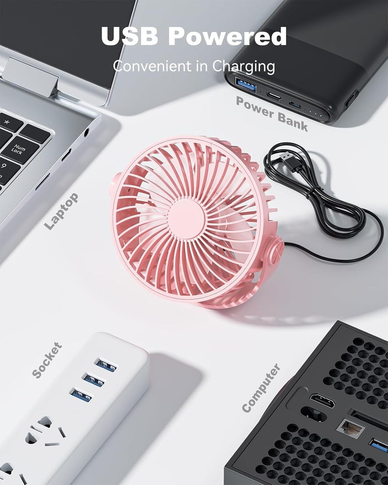 Edvision USB Desk Fan, 5 Inch Mini Portable, 3 Speeds Strong Airflow Personal Desktop, Detachable Cooling Fan 360° Rotation Quiet Small Fan for Desk Home Office Travel Car, Pink, 5ft Cable - Image 4